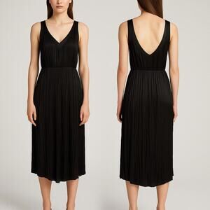 AllSaints Black Pleated Midi Dress Size Medium Sleeveless Satin Trim V-Neck